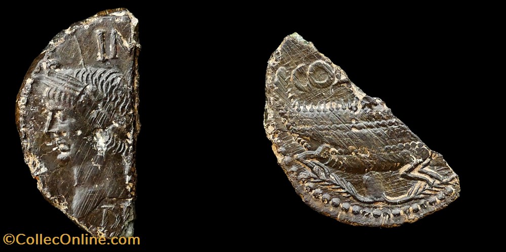 Augustus & Agrippa, Nemausus (Nîmes) halved dupondius - type III monnaies antiques romaines provinciales augustus agrippa nemausus nimes halved dupondius type iii