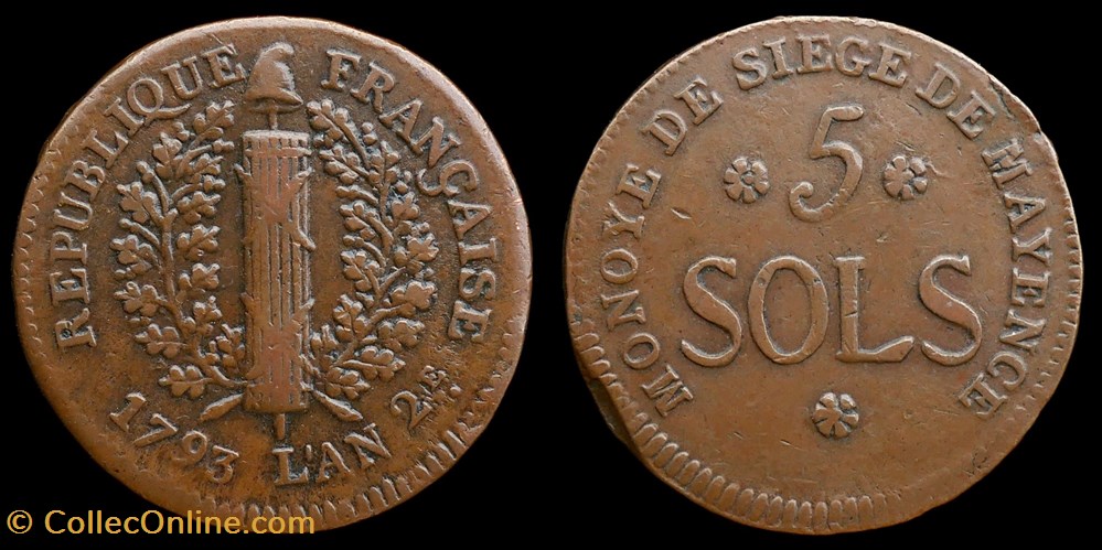 Siège de Mayence - 5 sols 1793 monnaies monde france siege de mayence 5 sols 1793