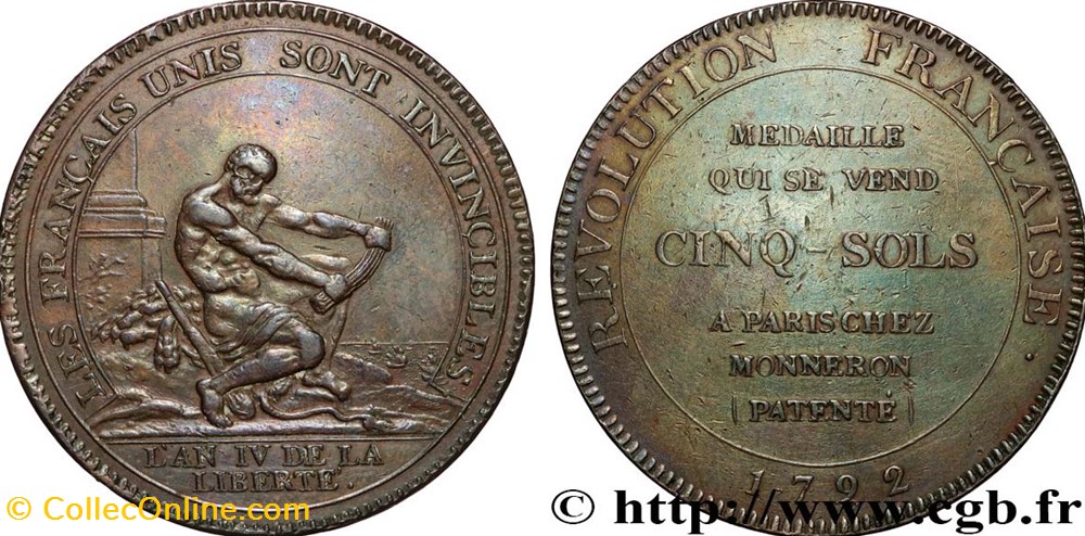 Monneron de 5 sols à l'Hercule (An IV), 1792 Birmingham, Soho monnaies monde france monneron de 5 sols a hercule an iv 1792 birmingham soho
