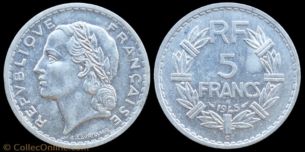 Gouvernement provisoire (1944-1946) - 5 francs 1945c monnaies monde france gouvernement provisoire 1944 1946 5 francs 1945c