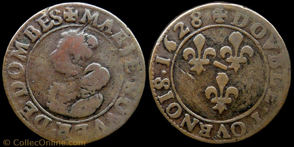 monnaies france feodales marie de montpensier 1608 1627 double tournois type 5 argent sur cuivre 1628