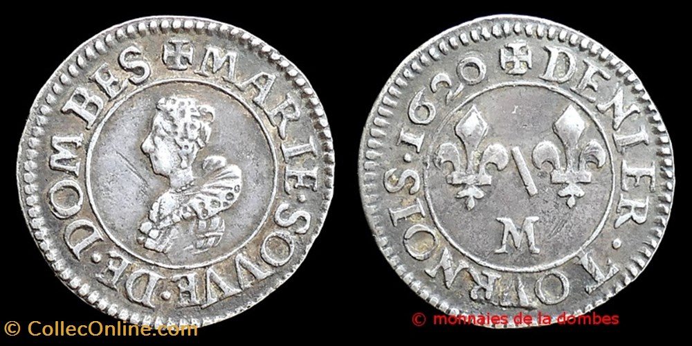 Marie de Montpenser (1608-1627), denier tournois en Argent - 1620 monnaies france feodales marie de montpenser 1608 1627 denier tournois en argent 1620