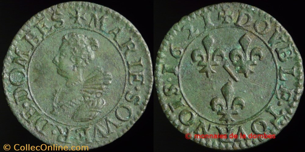 Marie de Montpensier (1608-1627), Double Tournois type 5 - 1621 monnaies france feodales marie de montpensier 1608 1627 double tournois type 5 1621