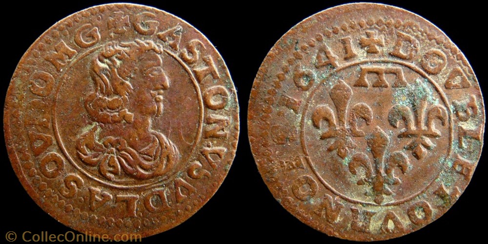 Gaston d'Orleans (1627-1650), Double Tournois type 16, cuivre - 1641 monnaies france feodales gaston orleans 1627 1650 double tournois type 16 cuivre 1641