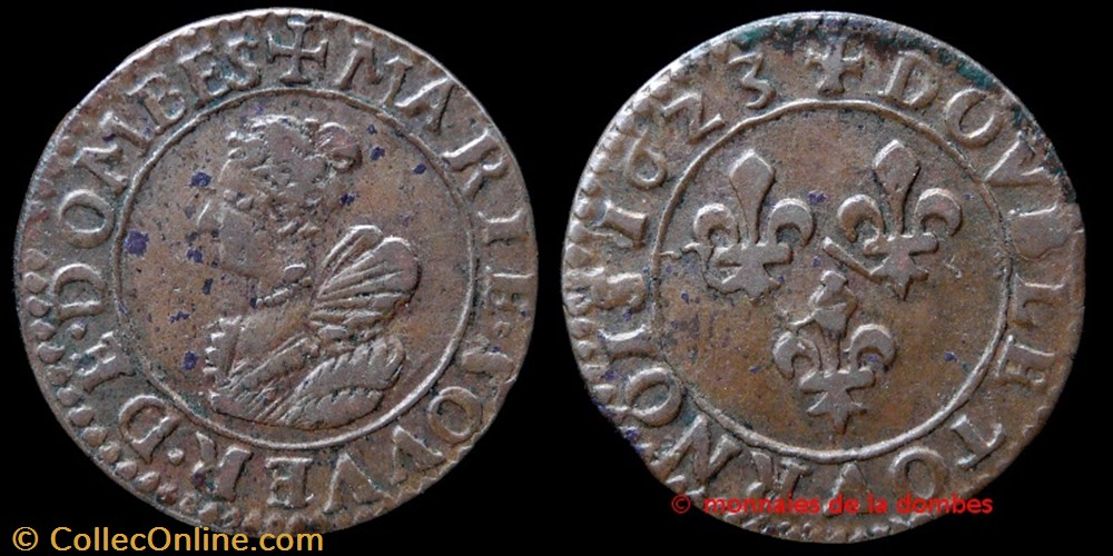 Marie de Montpensier (1608-1627), Double Tournois type 5 - 1623 monnaies france feodales marie de montpensier 1608 1627 double tournois type 5 1623