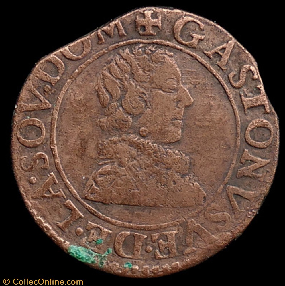 Gaston d'Orleans (1627-1650), Double Tournois type 6 - 1634 R monnaies france feodales gaston orleans 1627 1650 double tournois type 6 1634 r