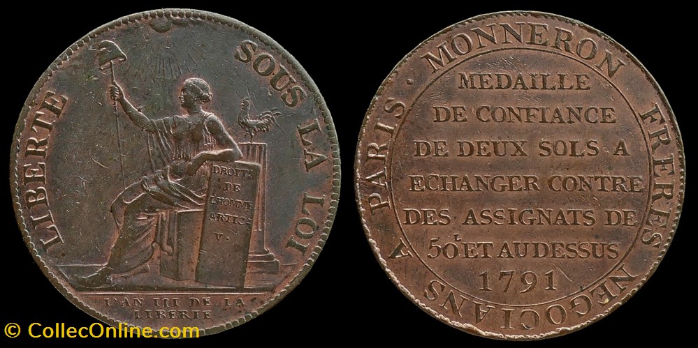 Monneron de 2 sols à la Liberté 1791 Birmingham, Soho monnaies monde france monneron de 2 sols a la liberte 1791 birmingham soho