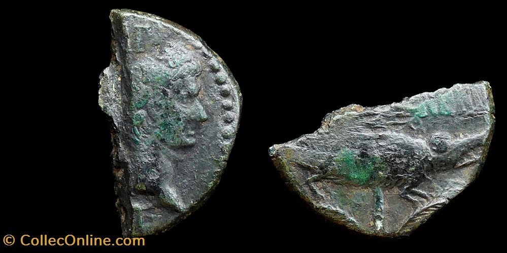 Augustus & Agrippa, Nemausus (Nîmes) halved dupondius - type III monnaies antiques romaines provinciales augustus agrippa nemausus nimes halved dupondius type iii