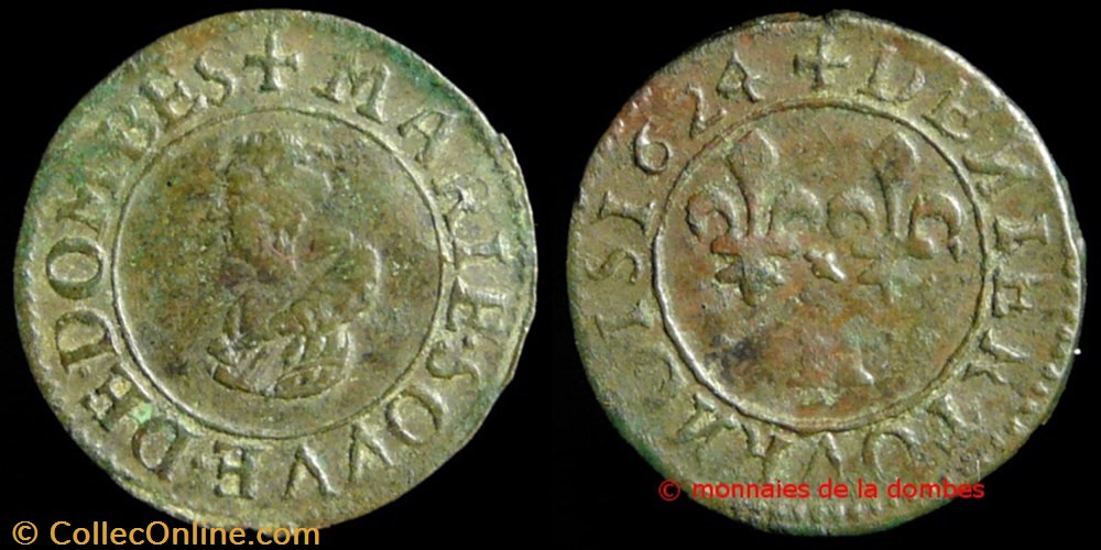Marie de Montpensier (1608-1627), Denier Tournois type 5 - 1624 monnaies europe medievale france feodales marie de montpensier 1608 1627 denier tournois type 5 1624