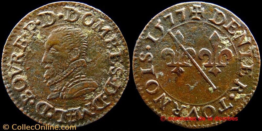 monnaies france a feodales louis ii de montpensier 1560 1582 denier tournois type 1 cuivre 1577