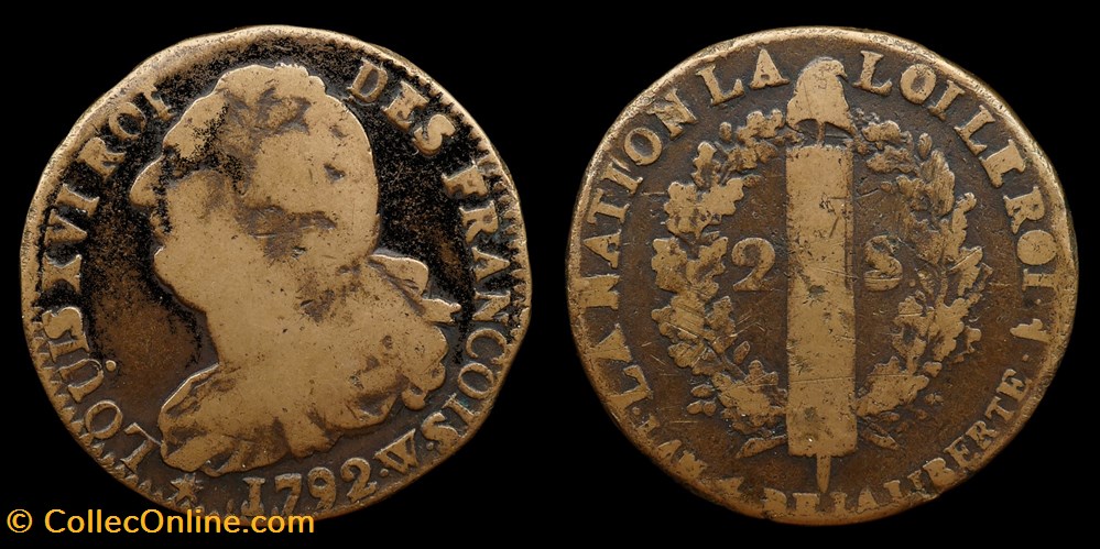 Constitution - 2 sols au faisceau 1792 W monnaies monde france constitution 2 sols au faisceau 1792 w