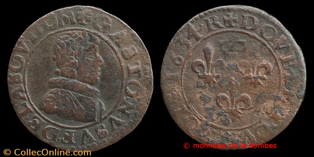 Gaston d'Orleans (1627-1650), Double Tournois type 7 - 1634 R monnaies france feodales gaston orleans 1627 1650 double tournois type 7 1634 r