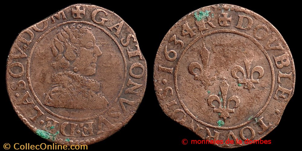 Gaston d'Orleans (1627-1650), Double Tournois type 6 - 1634 R monnaies france feodales gaston orleans 1627 1650 double tournois type 6 1634 r