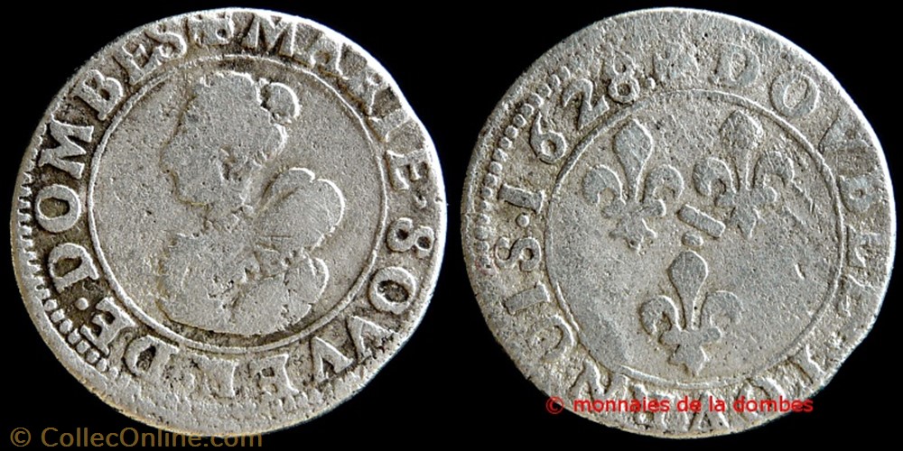 monnaies france feodales marie de montpensier 1608 1627 double tournois type 5 argent sur cuivre 1628
