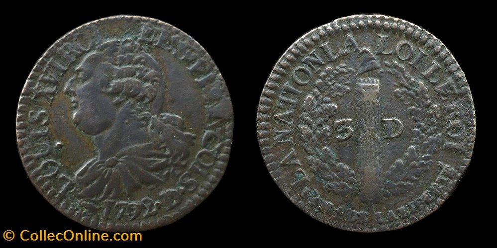 Constitution - 3 deniers 1792 D monnaies monde france constitution 3 deniers 1792 d