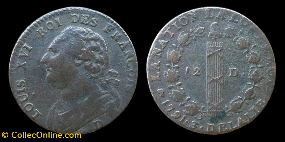 Constitution - 12 deniers 1791 D monnaies europe medievale a france constitution 12 deniers 1791 d