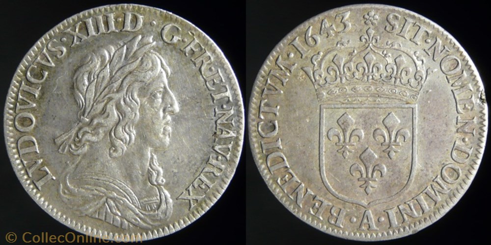 Louis XIII (1610-1643) - Quart d'ecu d'argent du 3° type 1643 A monnaies europe medievale france royales louis xiii 1610 1643 quart ecu argent du 3 type 1643 a
