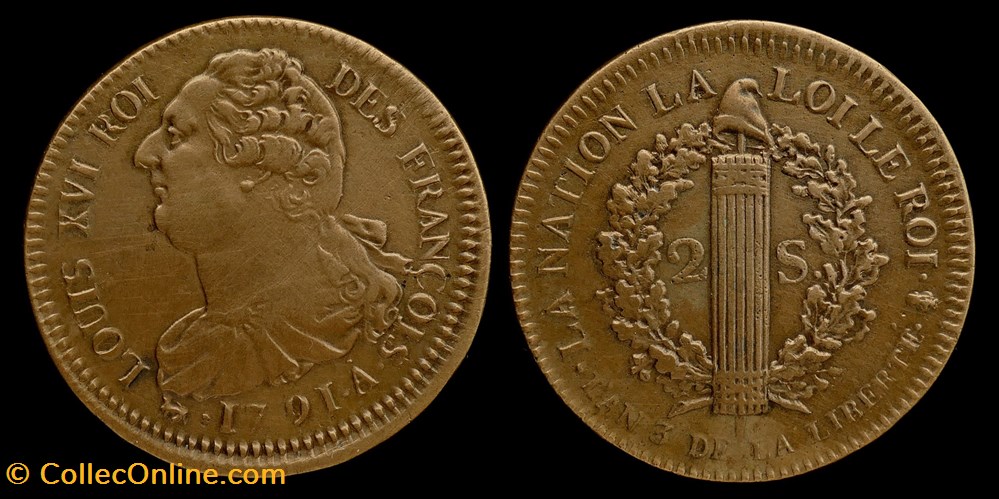 Constitution - 2 sols au faisceau 1791 A monnaies monde france constitution 2 sols au faisceau 1791 a