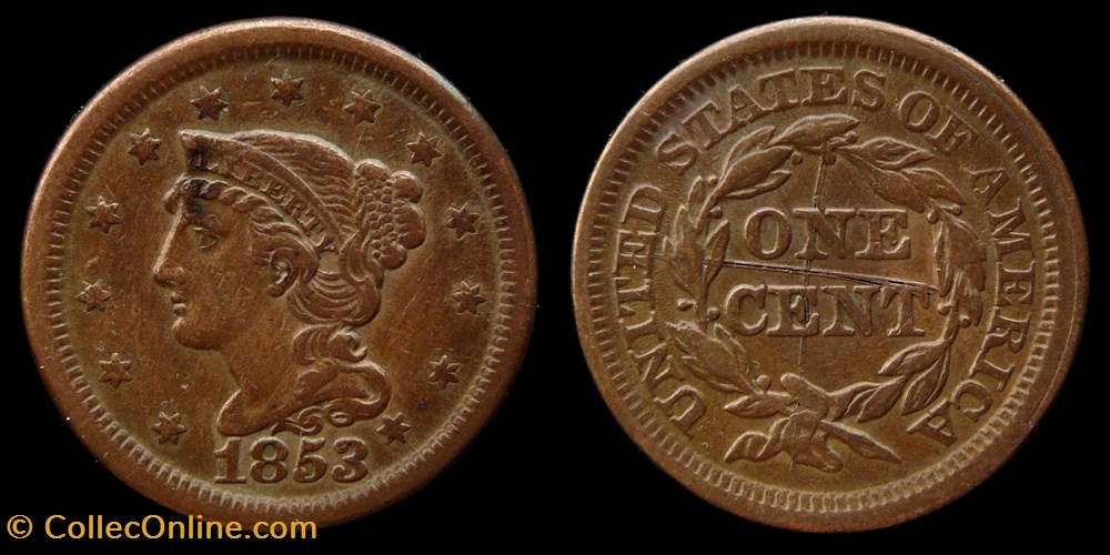 monnaies monde etats unis braided hair cent 1853