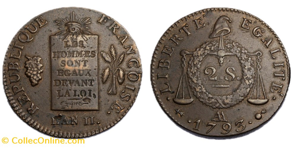 Convention - 2 sols aux balances 1793 AA monnaies monde france convention 2 sols aux balances 1793 aa