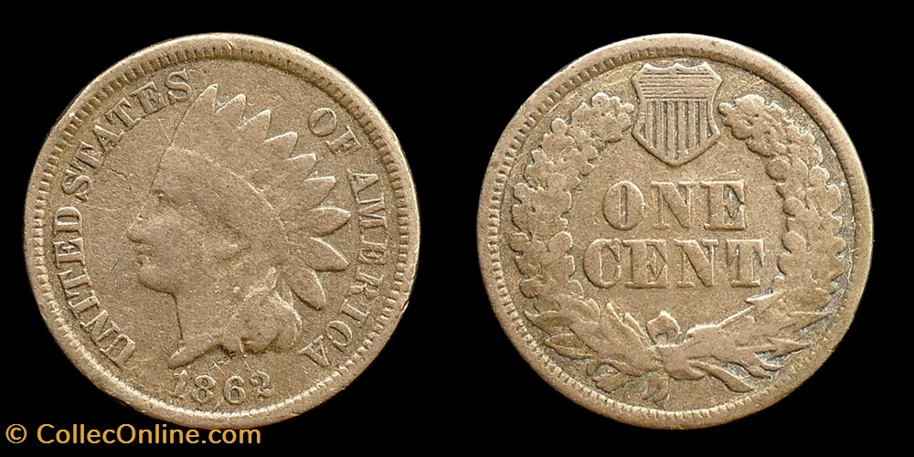Indian head cent (w. shield) - 1862 monnaies monde etats unis indian head cent w shield 1862