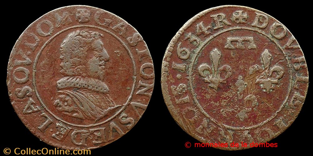 Gaston d'Orleans (1627-1650), Double Tournois type 8 - 1634 R monnaies france feodales gaston orleans 1627 1650 double tournois type 8 1634 r