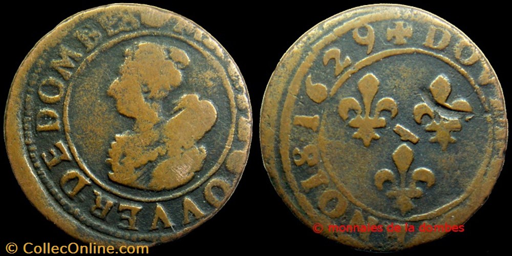 Marie de Montpensier (1608-1627), Double Tournois type 5 - 1629 monnaies france feodales marie de montpensier 1608 1627 double tournois type 5 1629