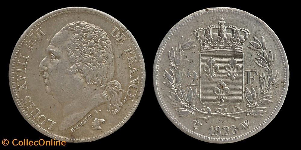 Louis XVIII (1814-1824) - 2 francs 1823 W monnaies monde france louis xviii 1814 1824 2 francs 1823 w