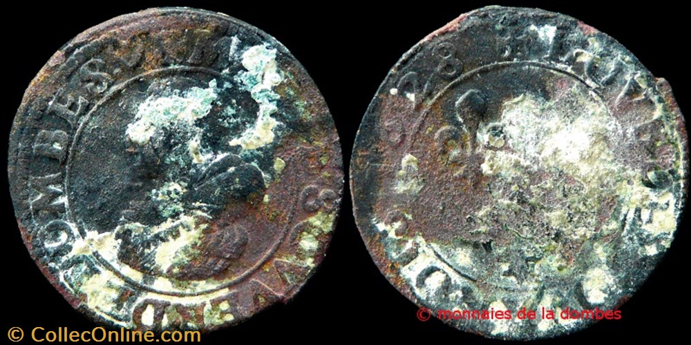 Marie de Montpensier (1608-1627), Double Tournois type 5, cuivre - 1628 monnaies france feodales marie de montpensier 1608 1627 double tournois type 5 cuivre 1628
