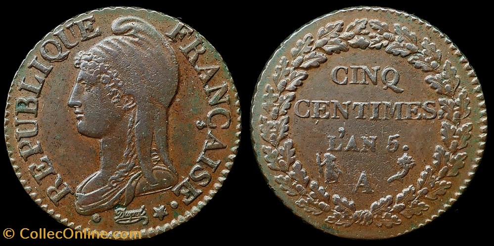 Directoire - 5 centimes l'An 5 A monnaies monde france directoire 5 centimes an 5 a