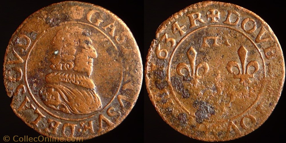 0198_736 - Gaston d'Orleans (1627-1650), Double Tournois type 8 - 1634 R monnaie france feodale 0198 736 gaston orleans 1627 1650 double tournois type 8 1634 r
