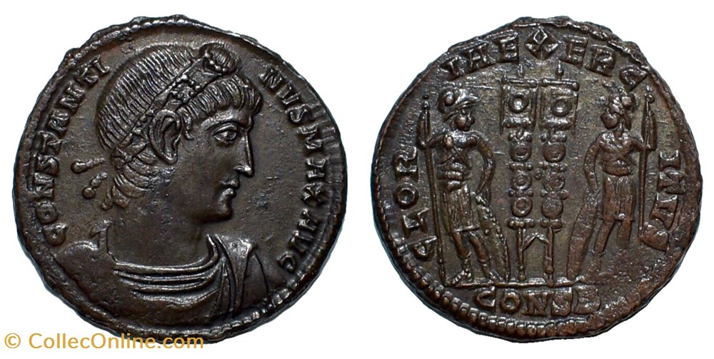 Constantine I AE Nummus, Gloria Exercitvs coins ancient b to roman republican imperial constantine i ae nummus gloria exercitvs