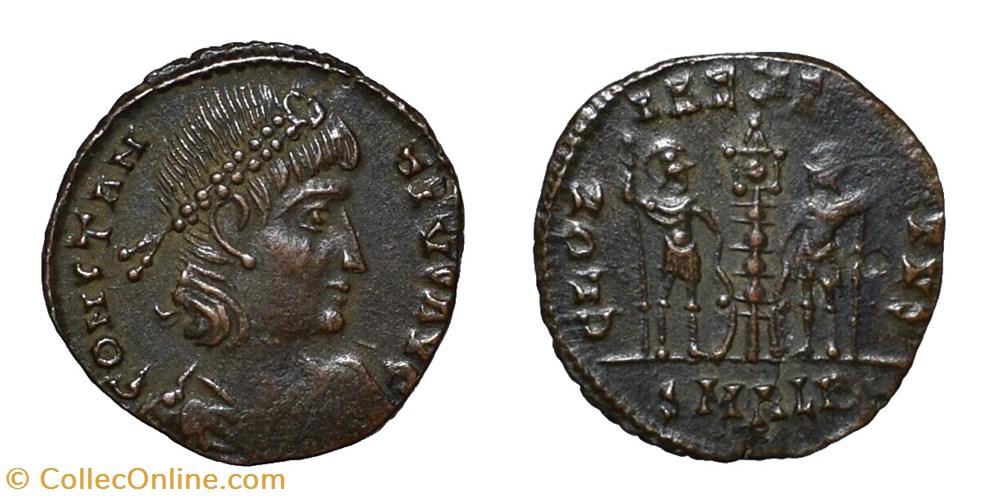 Constantius II AE4/Reduced Nummus, Gloria Exercitvs coins ancient b to roman republican imperial constantius ii ae4 reduced nummus gloria exercitvs