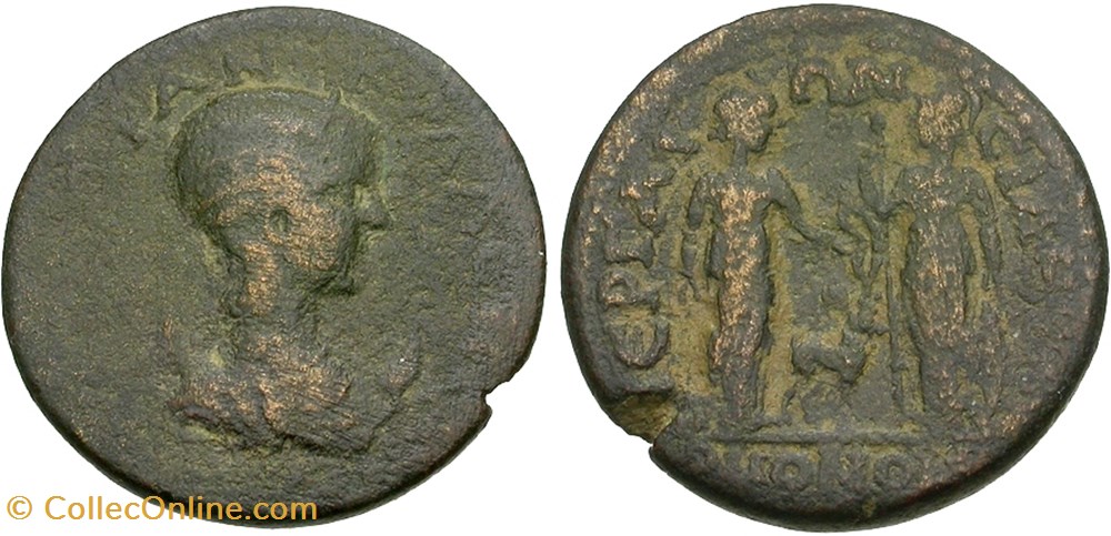 Tranquilline Alliance Perge et Side Ae27 Artémis et Apollon monnaie antique av jc romaine provinciale tranquilline alliance perge et side ae27 artemis et apollon