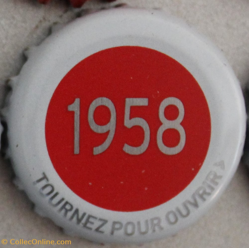 capsules muselets biere 1958 texte gris argente sur fond rouge 70eme anniversaire 1947 2017 brasserie kronembourg france