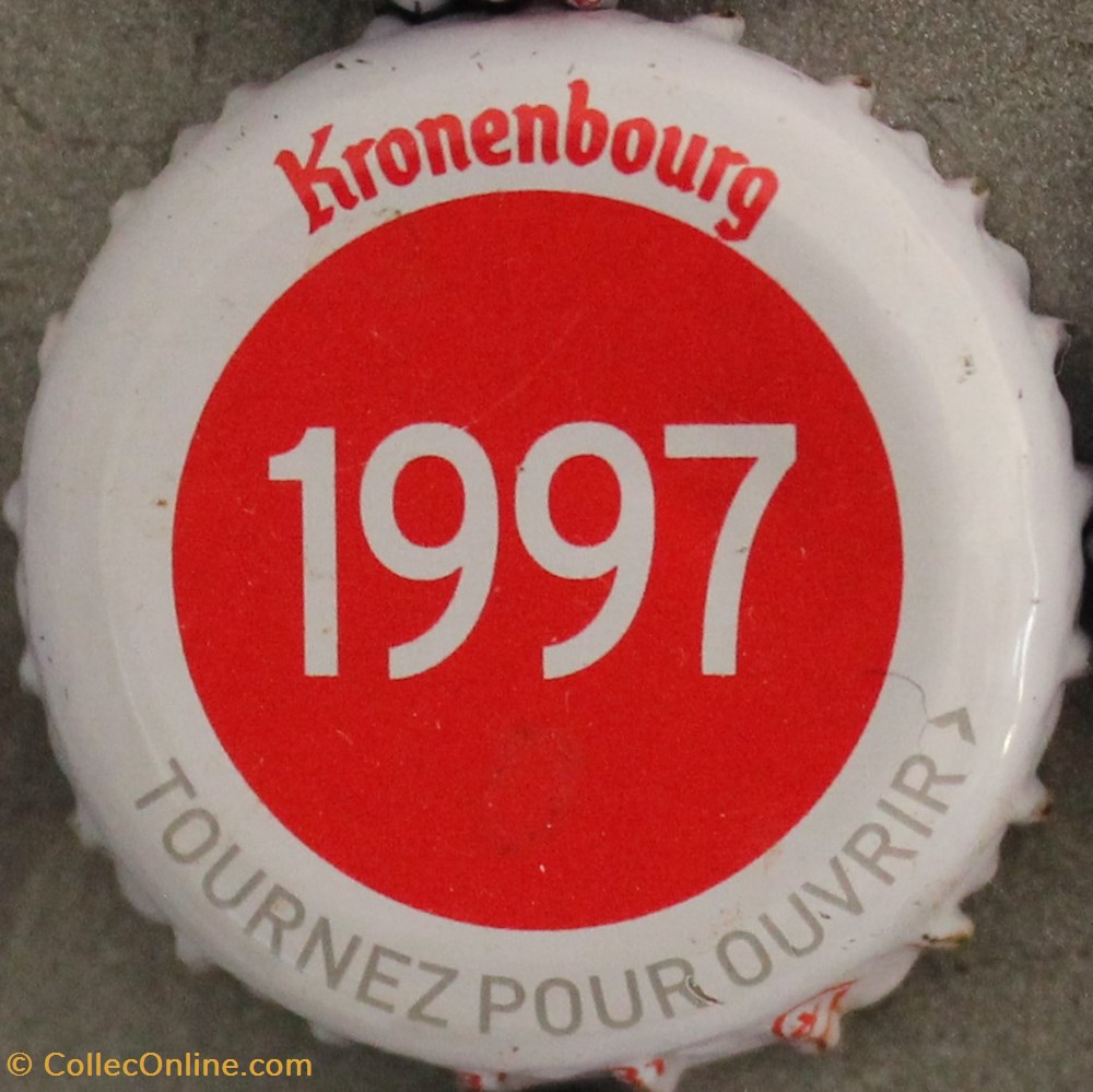 Série blanche 1997 capsules muselets biere 1997 texte blanc sur fond rouge 70eme anniversaire 1947 2017 brasserie kronembourg france
