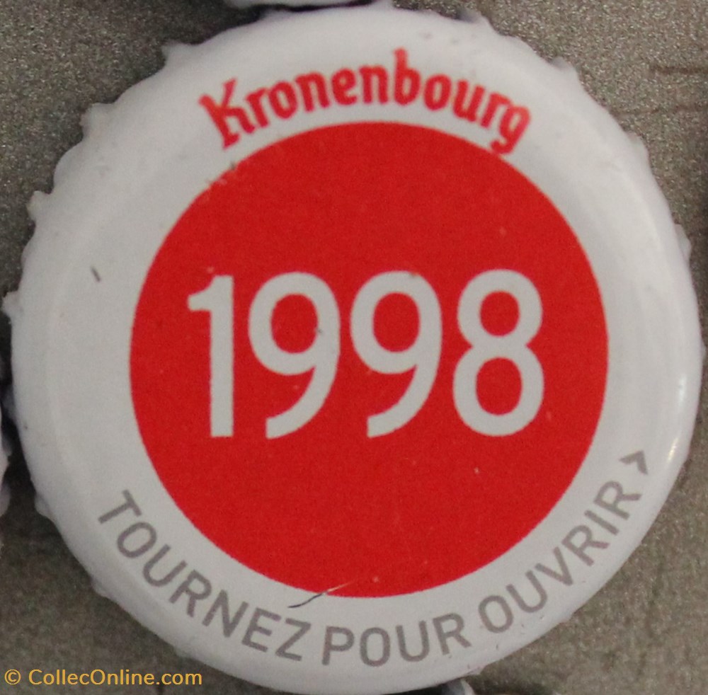 Série blanche 1998 capsules muselets biere 1998 texte blanc sur fond rouge 70eme anniversaire 1947 2017 brasserie kronembourg france