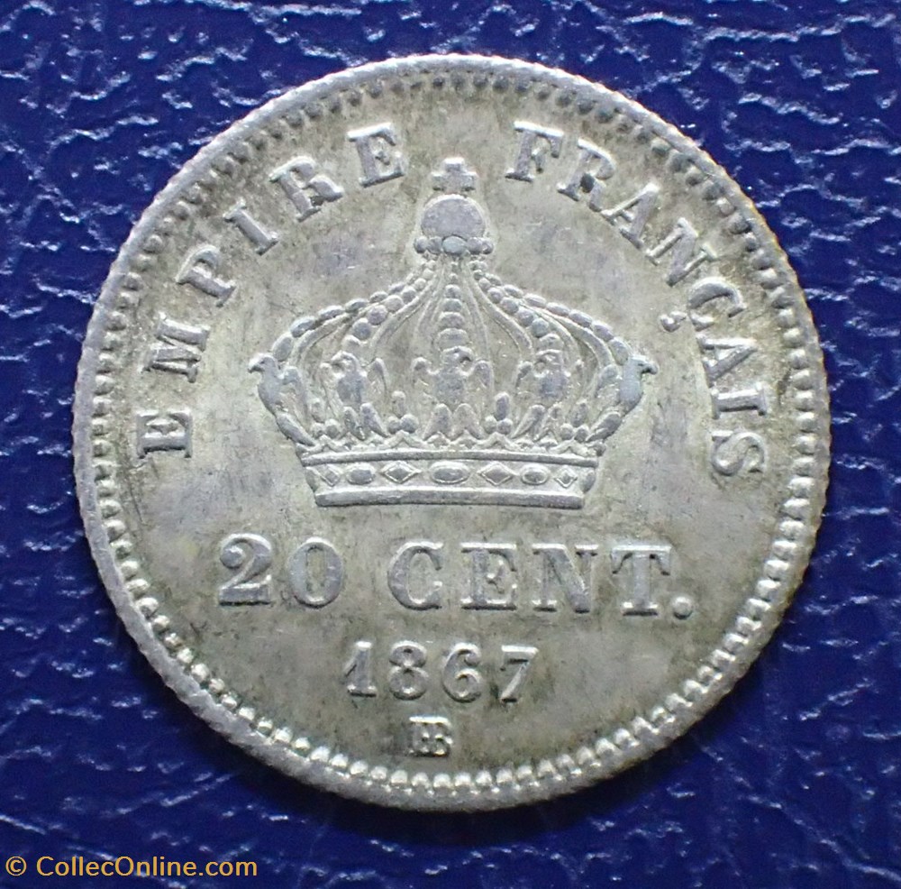 20 CENTIMES 1867 BB NAPOLEON III, tête laurée grand module monnaie france moderne 20 centimes 1867 bb napoleon iii tete lauree grand module