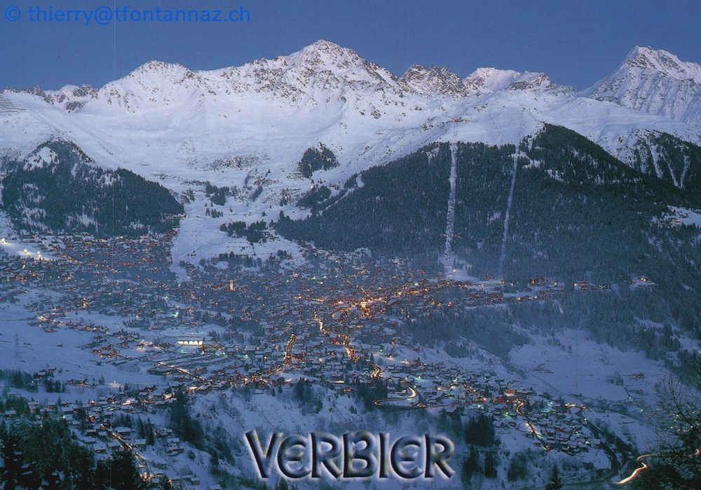 cartes postales europe suisse verbier vue aerienne et hivernale de la station de nuit v096