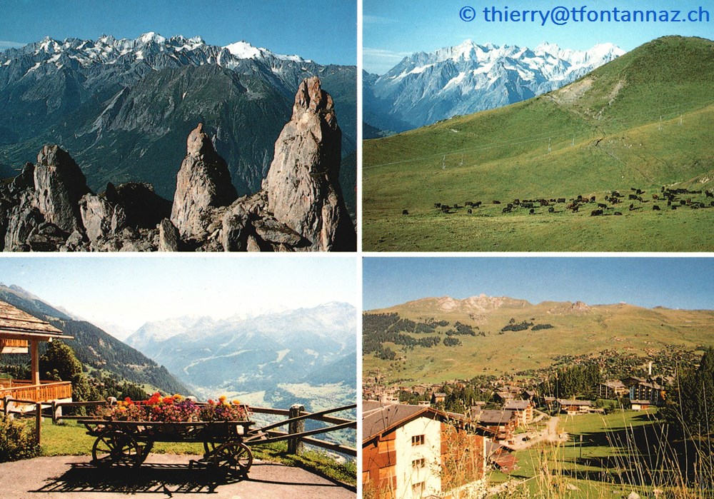 Verbier, carte avec 4 photos: clochetons Pierre Avoi, vaches, char et station (#V068) cartes postales europe suisse verbier carte avec 4 photos clochetons pierre avoi vaches char et station v068