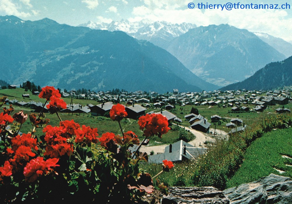 cartes postales europe suisse verbier station et geraniums v014