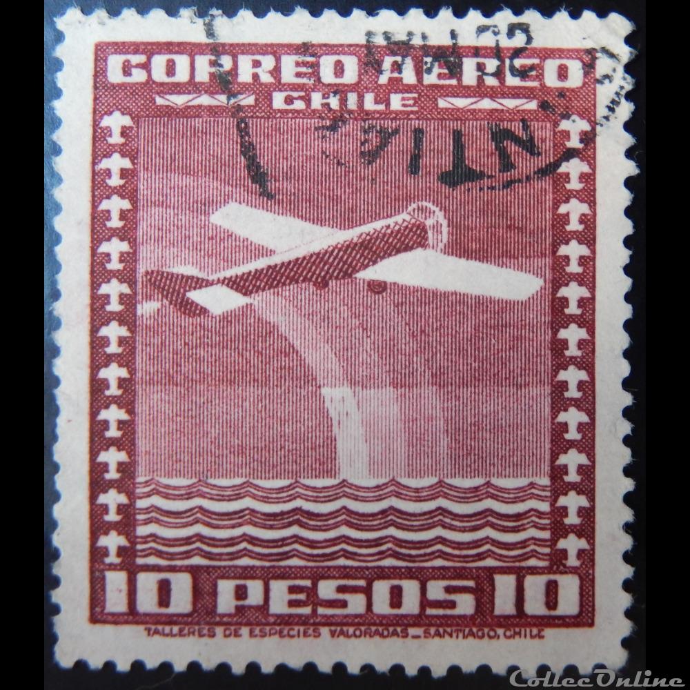 Chili PA0102 avion et arc-en-ciel 10p de 1944 timbre amerique chili pa0102 avion et arc en ciel 10p de 1944