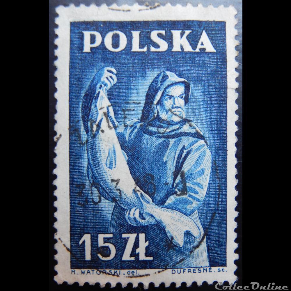 Pologne 00506 pêcheur 15Zt de 1947 timbre europe pologne 00506 pecheur 15zt de 1947