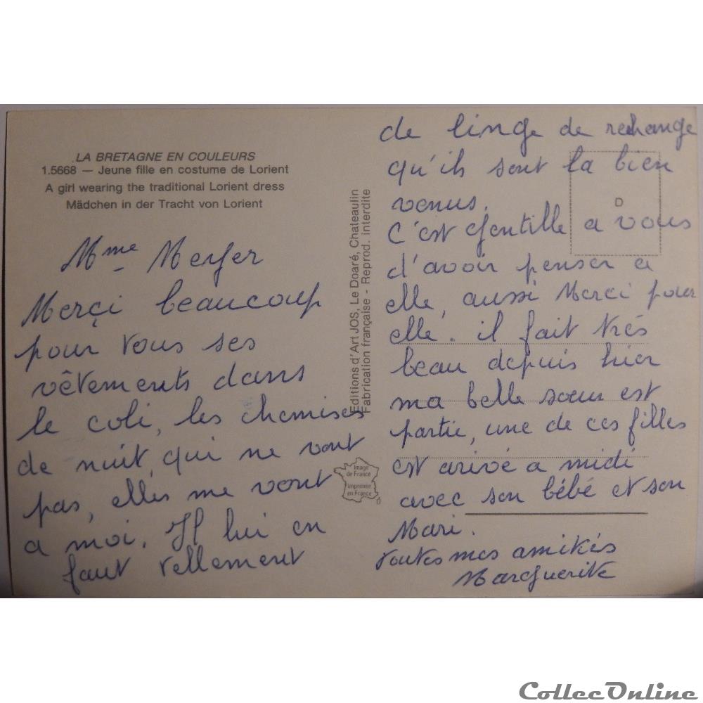 carte postale france bretagne cp du morbihan costume de lorient