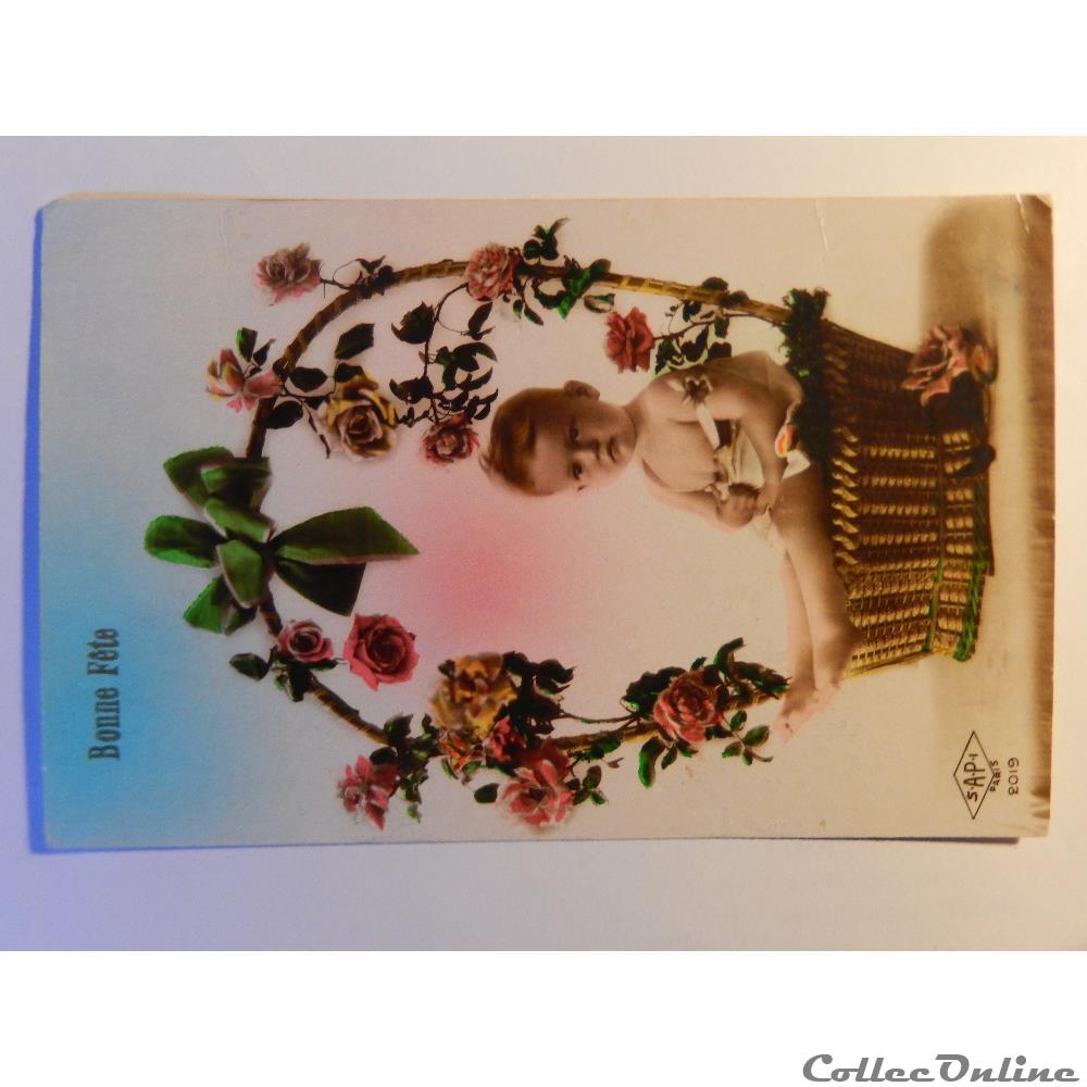 CPA de bonne fête. Bébé dans corbeille fleurie. carte postale alsace cpa de bonne fete bebe dans corbeille fleurie