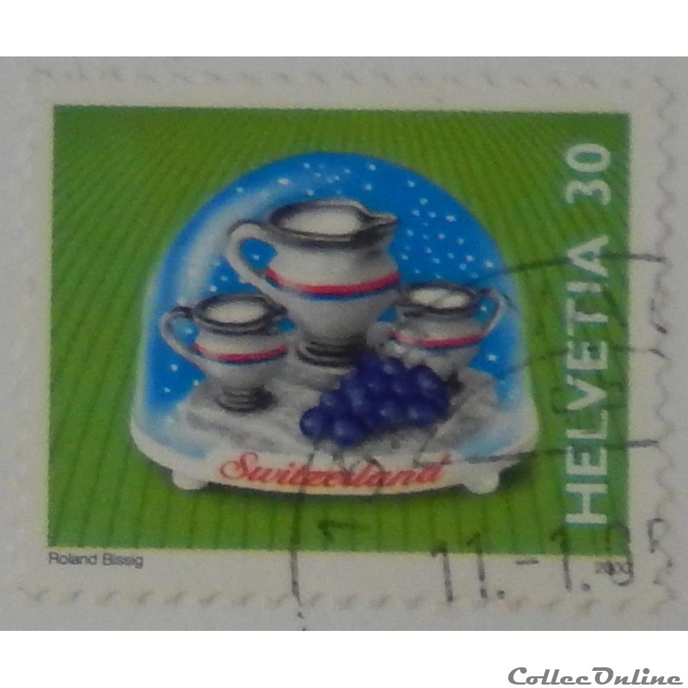 timbre europe suisse 01649 boule a neige pichets et grappe de raisin 30cts de 2000