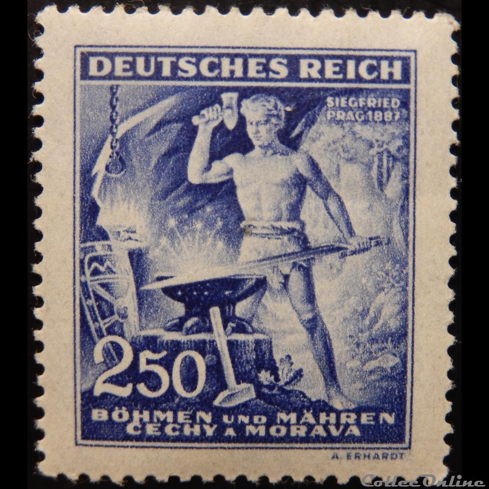 Tchécoslovaquie Bohême et Moravie 00109 forgeron 250H de 1943 timbre europe republique tcheque tchecoslovaquie boheme et moravie 00109 forgeron 250h de 1943