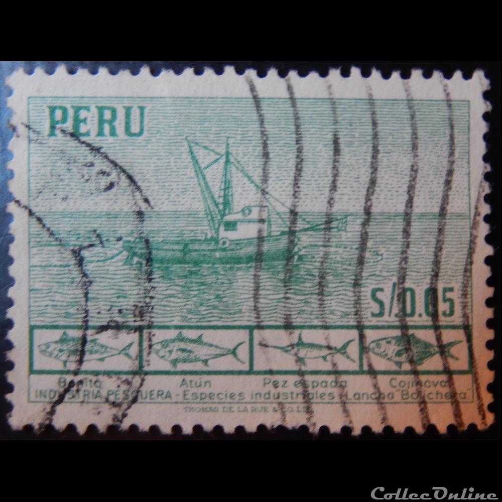 Pérou 00427 bateau de pêche et poissons 0.05S de 1952 timbre amerique perou 00427 bateau de peche et poissons 0 05s de 1952