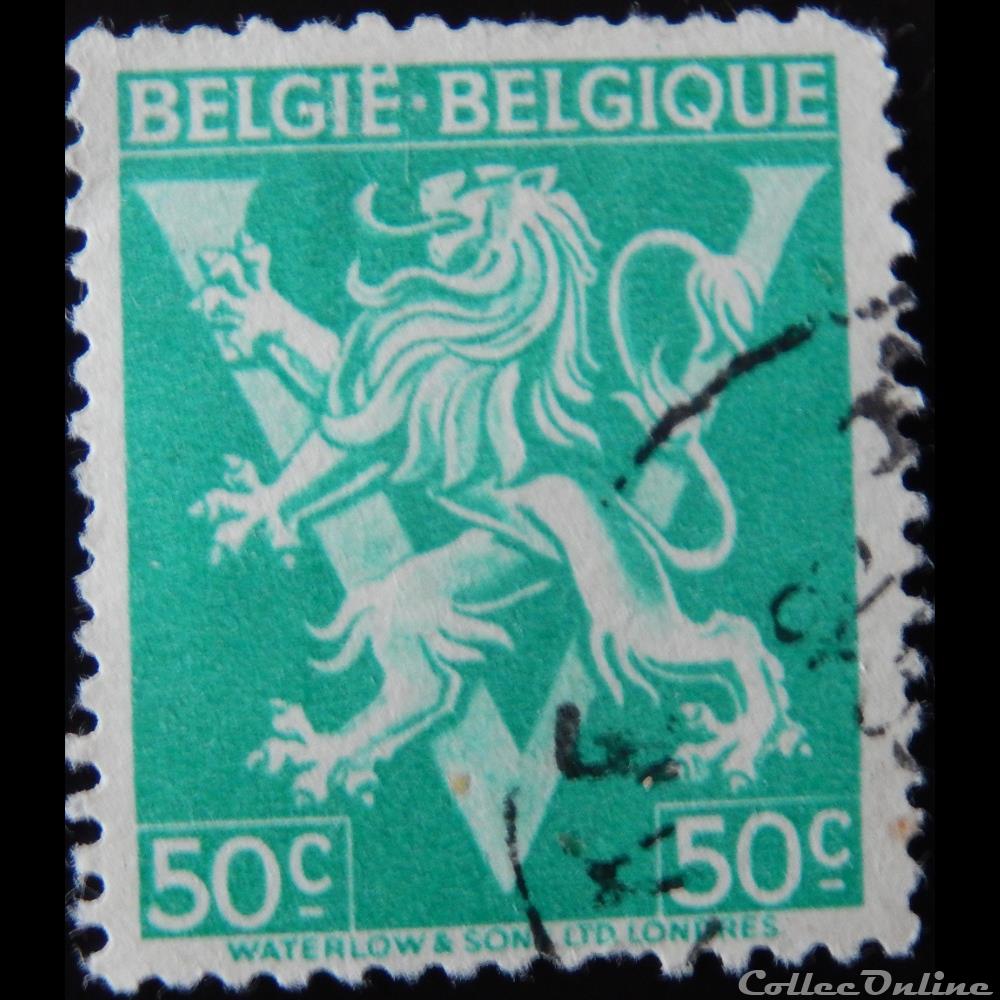 timbre europe belgique 00678 lion debout avec v 50c de 1944