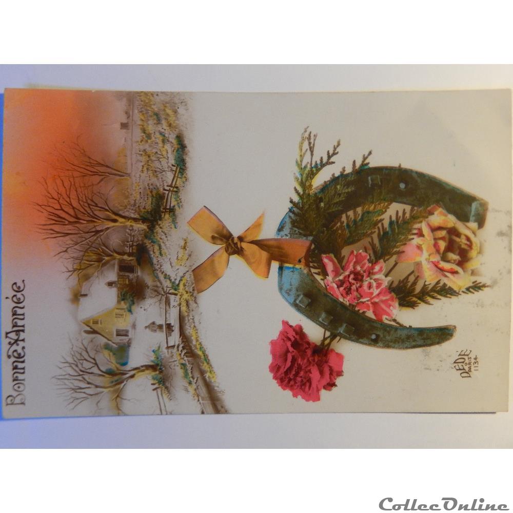 carte postale corse cpa de bonne annee fer a cheval en hiver